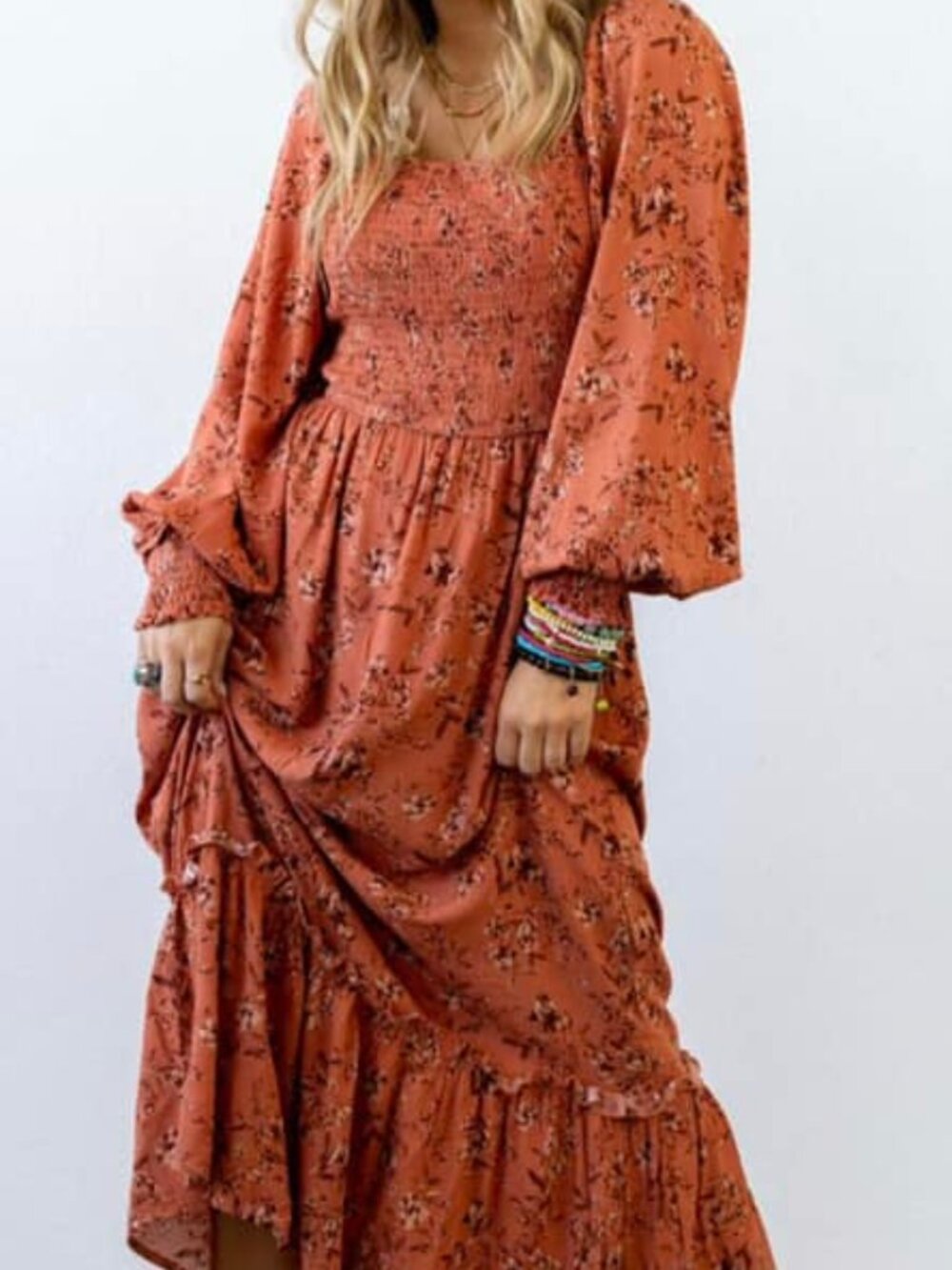Promesa Rust Floral Long Sleeve Smocked Maxi Dress.
